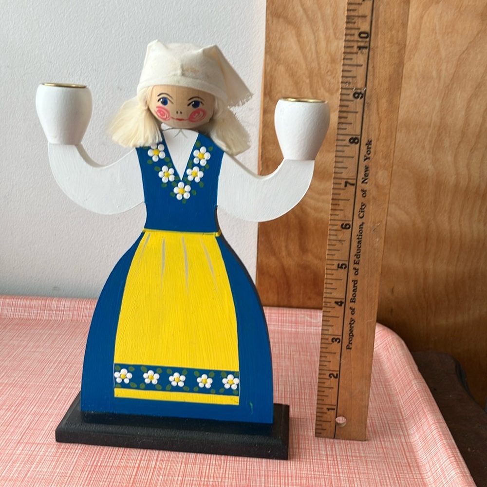 Hantverksboden Swedish Handcrafted Wooden Doll Candle Holder - Blue and Yellow - Picture 6 of 15
